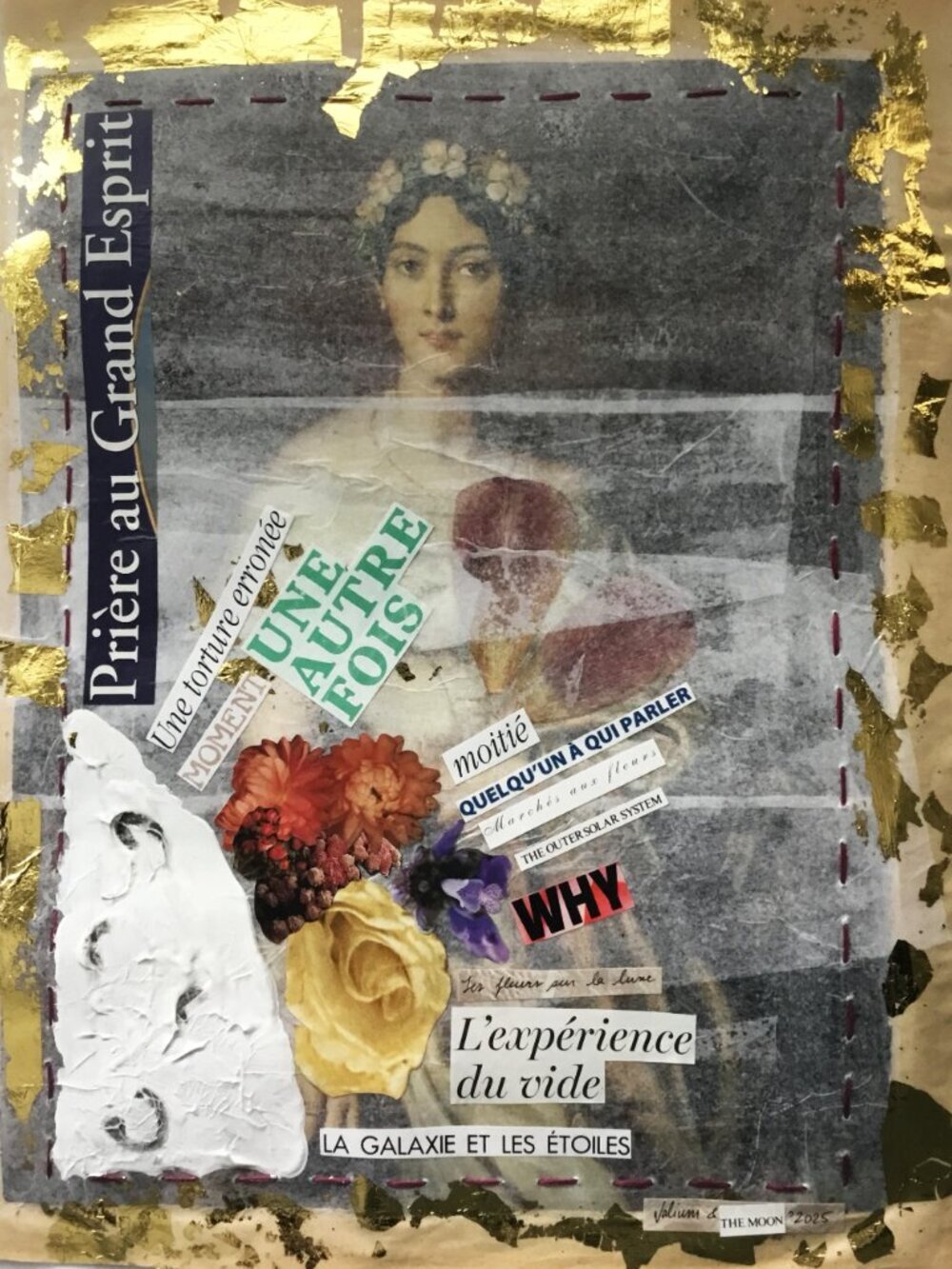 Collage on reproduction mounted on silk and butcher's papers 13 1/2 X 10 1/2inch